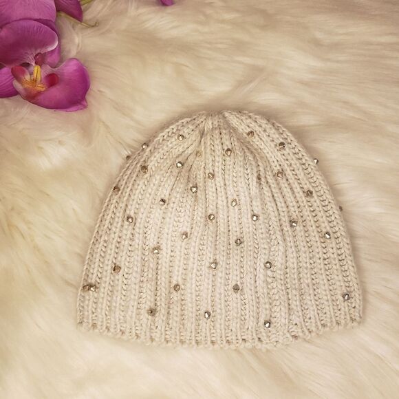 Gold Studded Beige Beanie Winter Hat - Picture 2 of 5